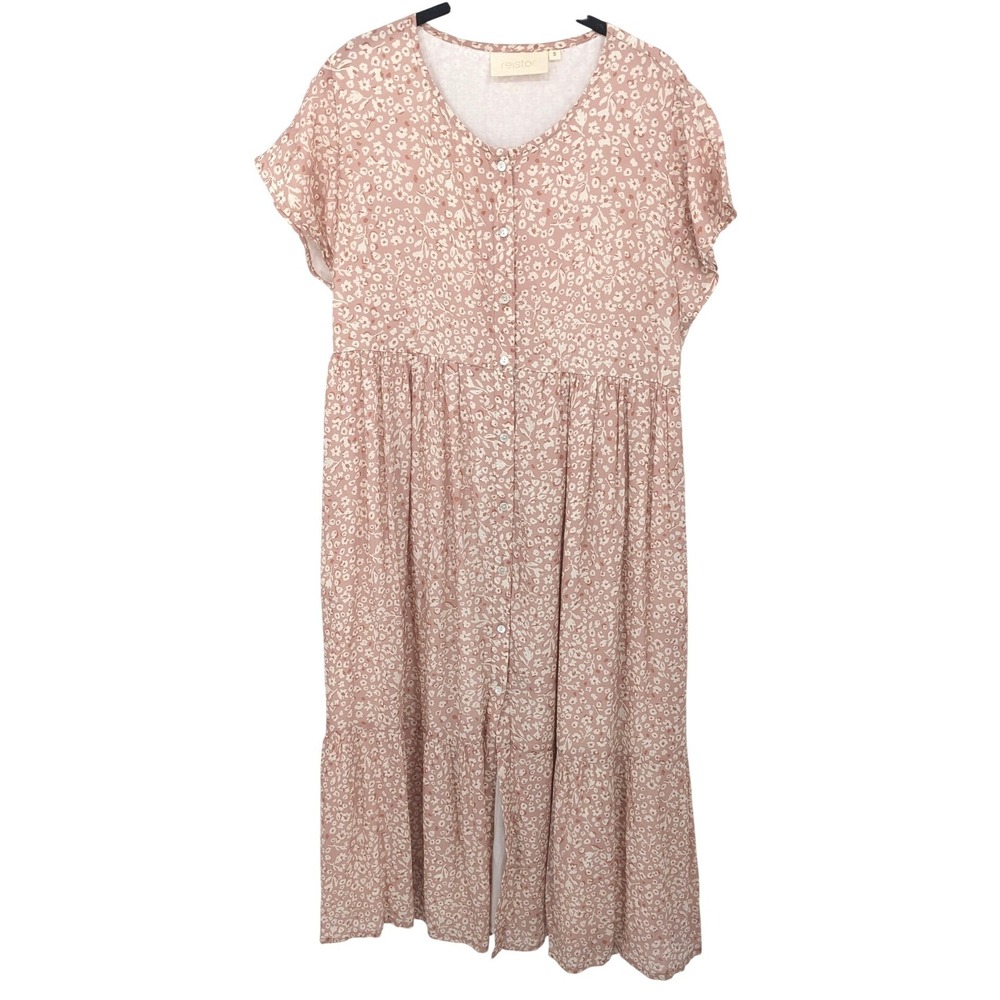 Reistor Maxi Dress Womens Small Pink Floral Button‎ Front Tiered Cottagecore